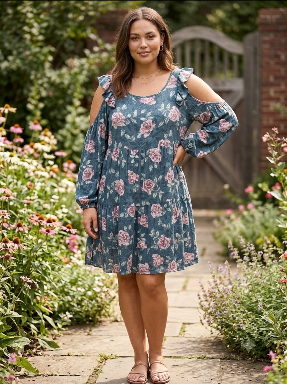 ODDY Blue Floral Cold-Shoulder Tiered Mini Dress ITEM #26